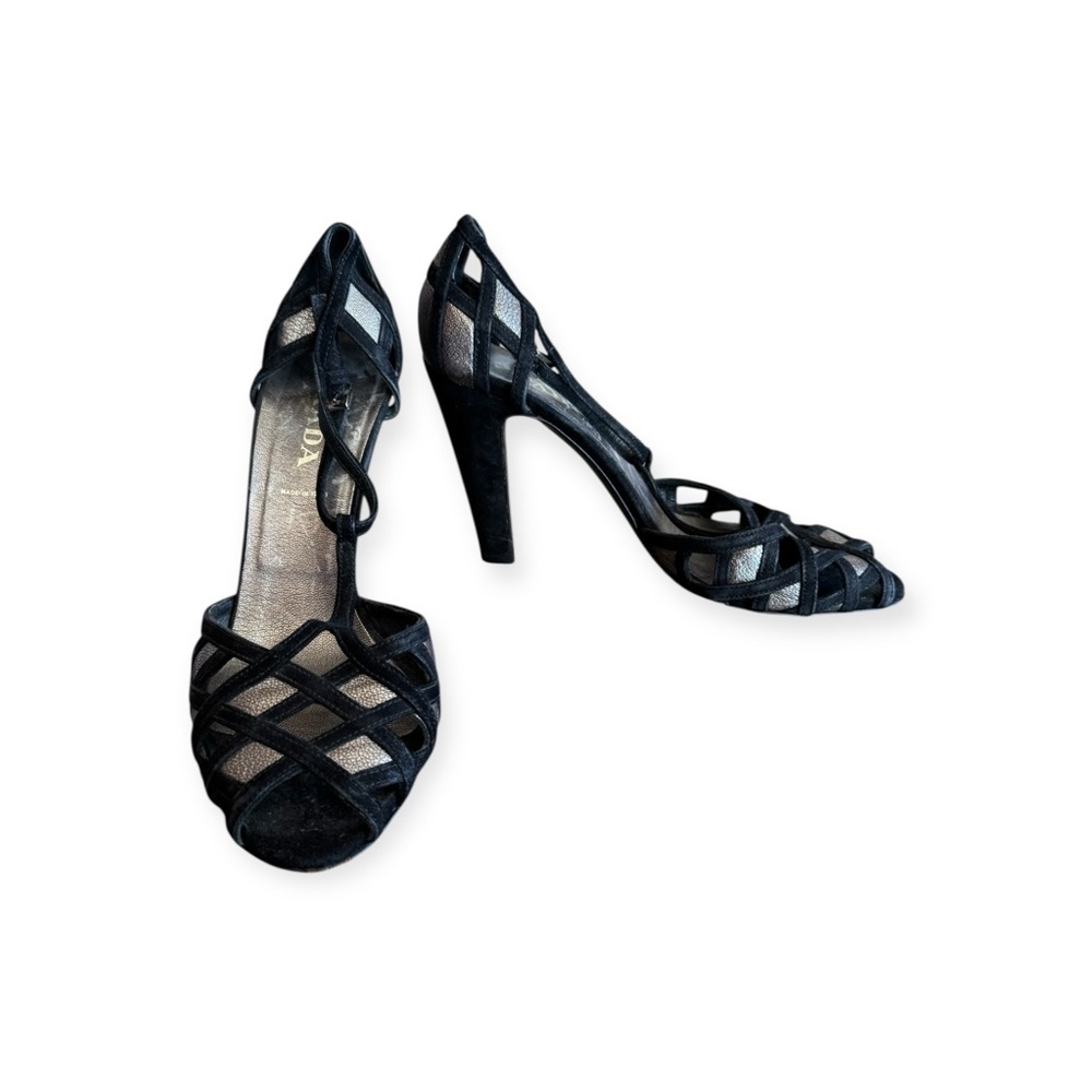 Prada Black Cutout Heels Size 37.5 US 7.5 Strappy Designer Pumps heel length 4" - Picture 1 of 12